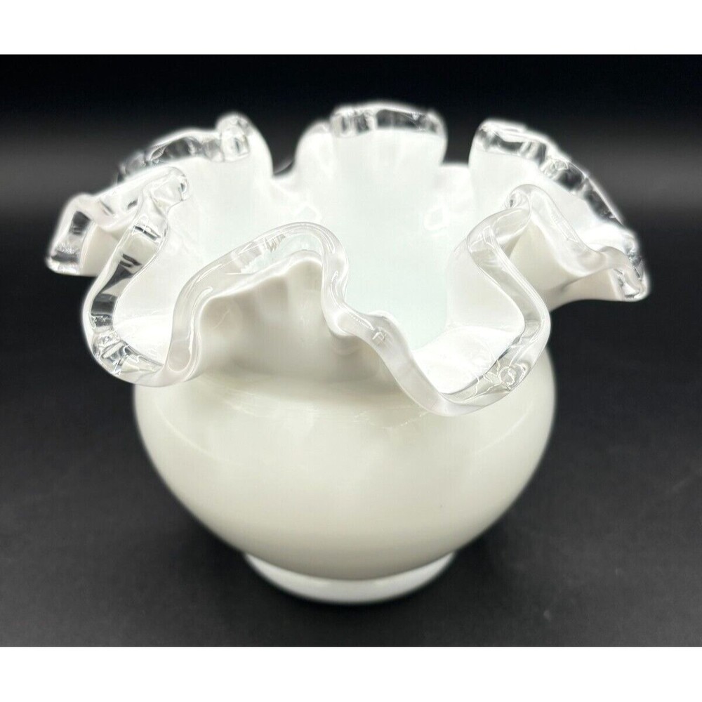 Fenton Opaque White Milk Glass Bowl Vase Small Ruffled Silver‎ Crest Clear Edged